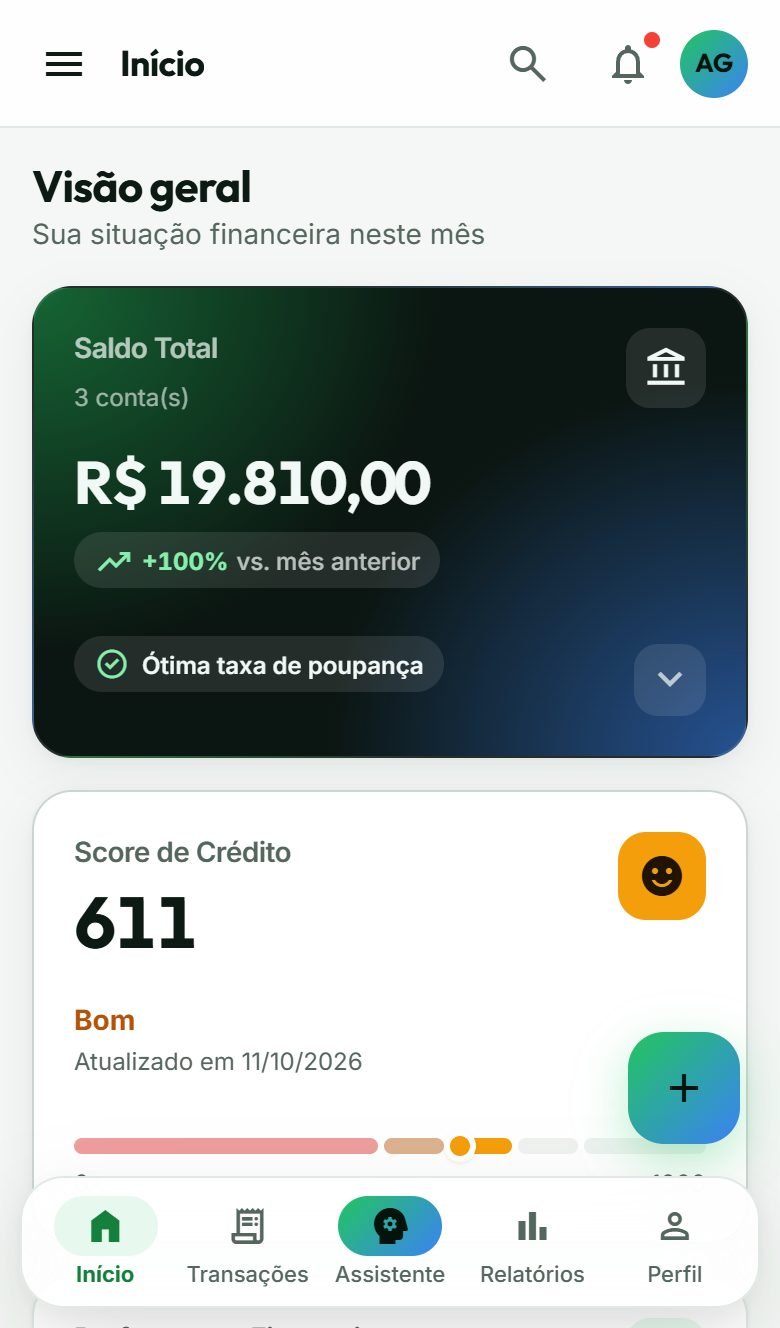Tela inicial do Geezy no celular: saldo total, score de crédito e a barra de navegação